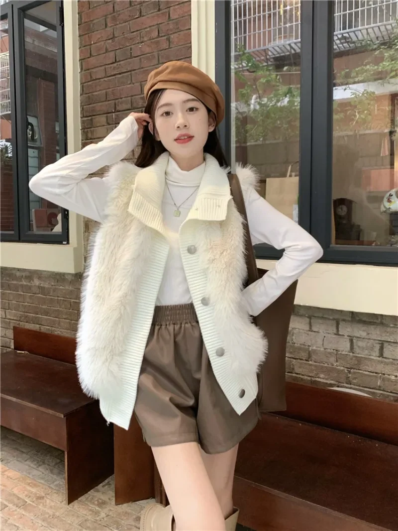 

Women New Warm Stand Collar Furry Sweater Vest Elegant Sleeveless Solid Colors Cardigans Single Breasted Knitted Sweaters Chic