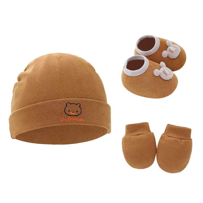 New Newborn Baby Cotton Beanies Hospital Hat Mittens Shoes Sets Solid Stretchy Infant Warm Cap Gloves 0-1 Years Old