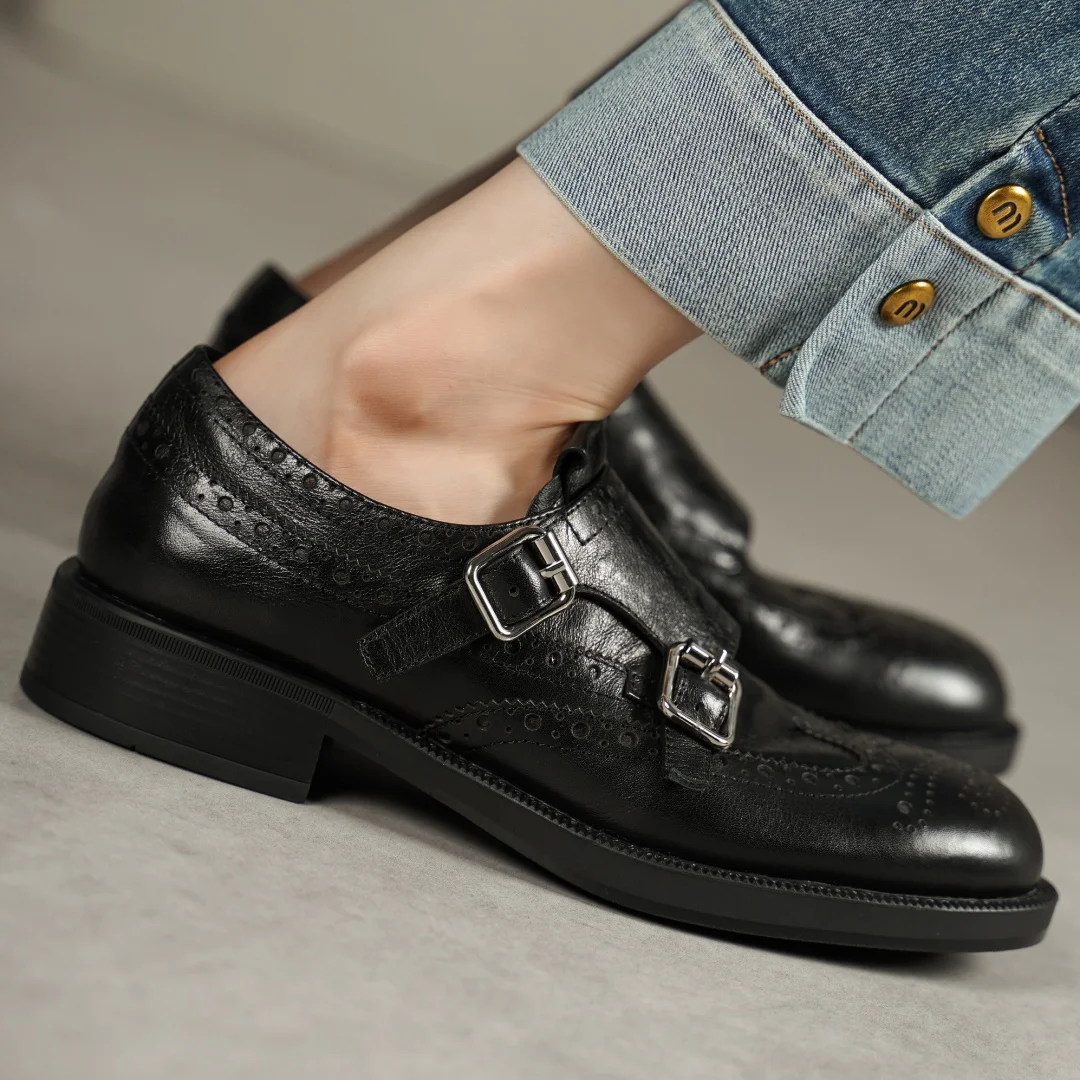 

Women's cow leather double metal buckle round toe carving British style slip-on loafers high quality casual daily flat moccasins