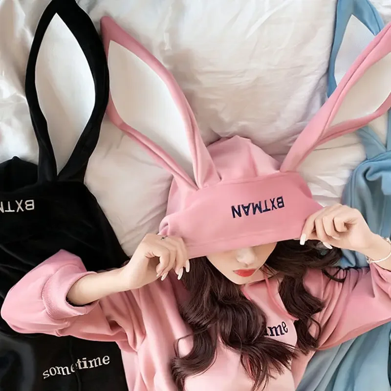 Women Hoodies With Rabbit Ear Autumn Winter Fleece Thicken Warm Ladies Harajuku Sweatshirts Female Hooded Pullovers Casual Tops