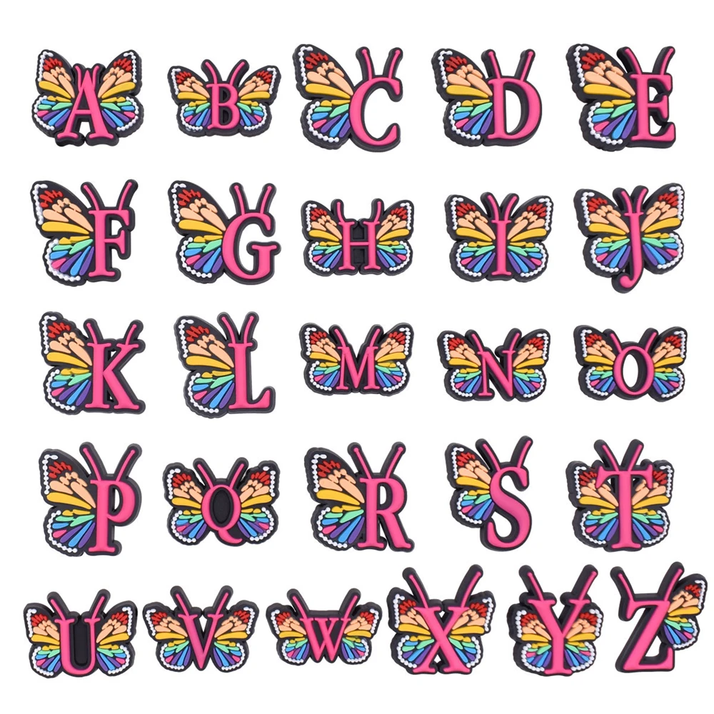 26–37 Stück rosa und schwarz weiß Buchstaben Schuhanhänger PVC Alphabet Schmetterling Schuhe Zubehör Dekoration Clog Sandale Armband Schnalle – Detail 6