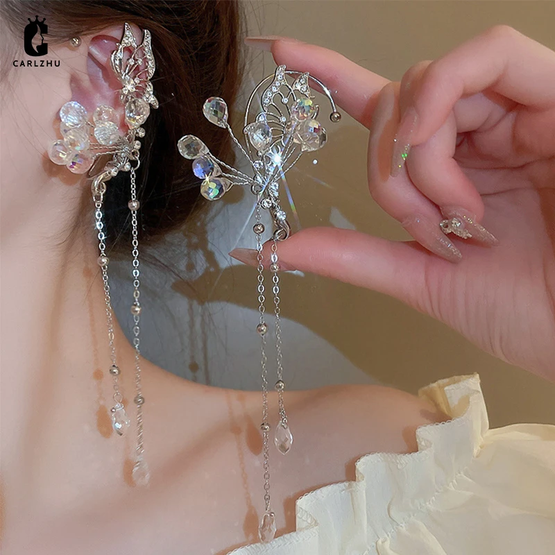 

Luxury Rhinestone Crystal Flower Water Drop Tassel Ear Hanging Earrings Without Piercing Fashionable Temperament Jewelry