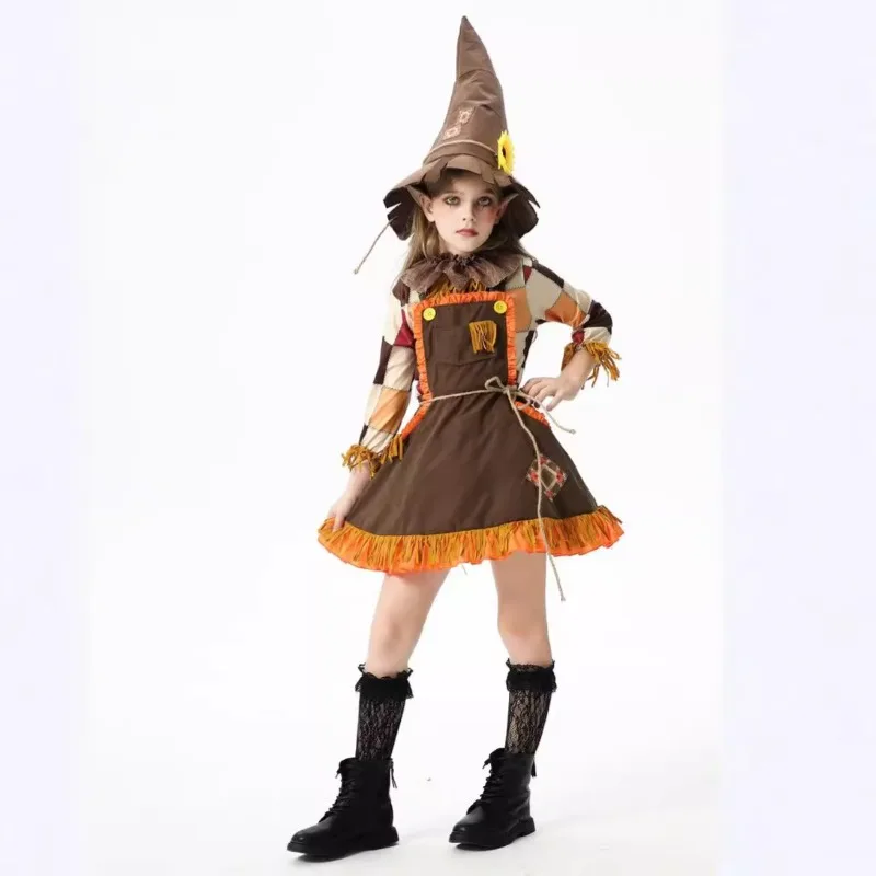 2025 New Halloween Children's Costume Pumpkin Costume Scarecrow Robin Hood Farm  Rural Costume Girls' Dress Hunter Stage Play