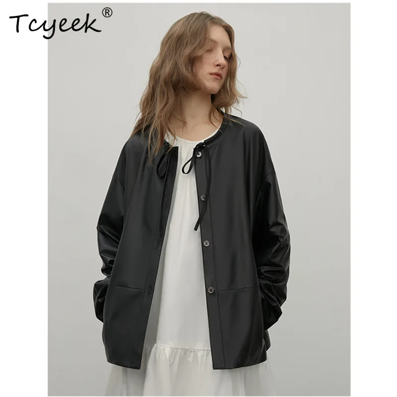 Tcyeek Real Sheepskin Jackets Women Thin Vintage Strap Round Neck Genuine Leather Jacket Women Autumn Clothes 2026 New Chaquetas