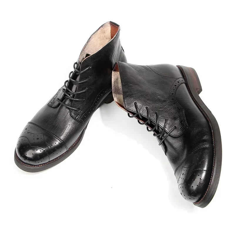 Men Brogue Oxford Short Ankle Boots Black Brown Genuine Leather Shoes Retro Business Casual Men Formal Dress High Top Boots