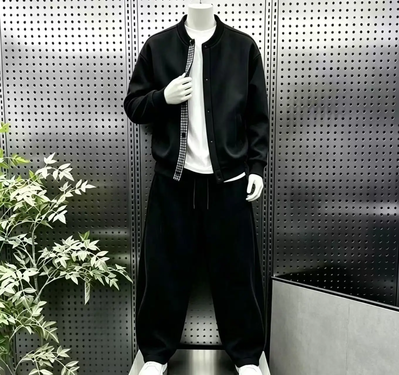 Korean Streetwear Men 2 Piece Outfit Loose Baseball Collar Jacket Wide Leg Drawstring Sweatpants Casual Tracksuit