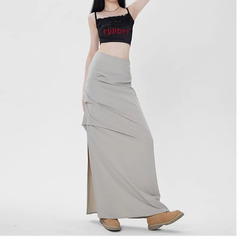 Elegant Skirt Women Spring Summer Slim Side Slit Pleated Mid-length Hip Skirt Y2k Vintage Fashion Bottoms Female Clothes