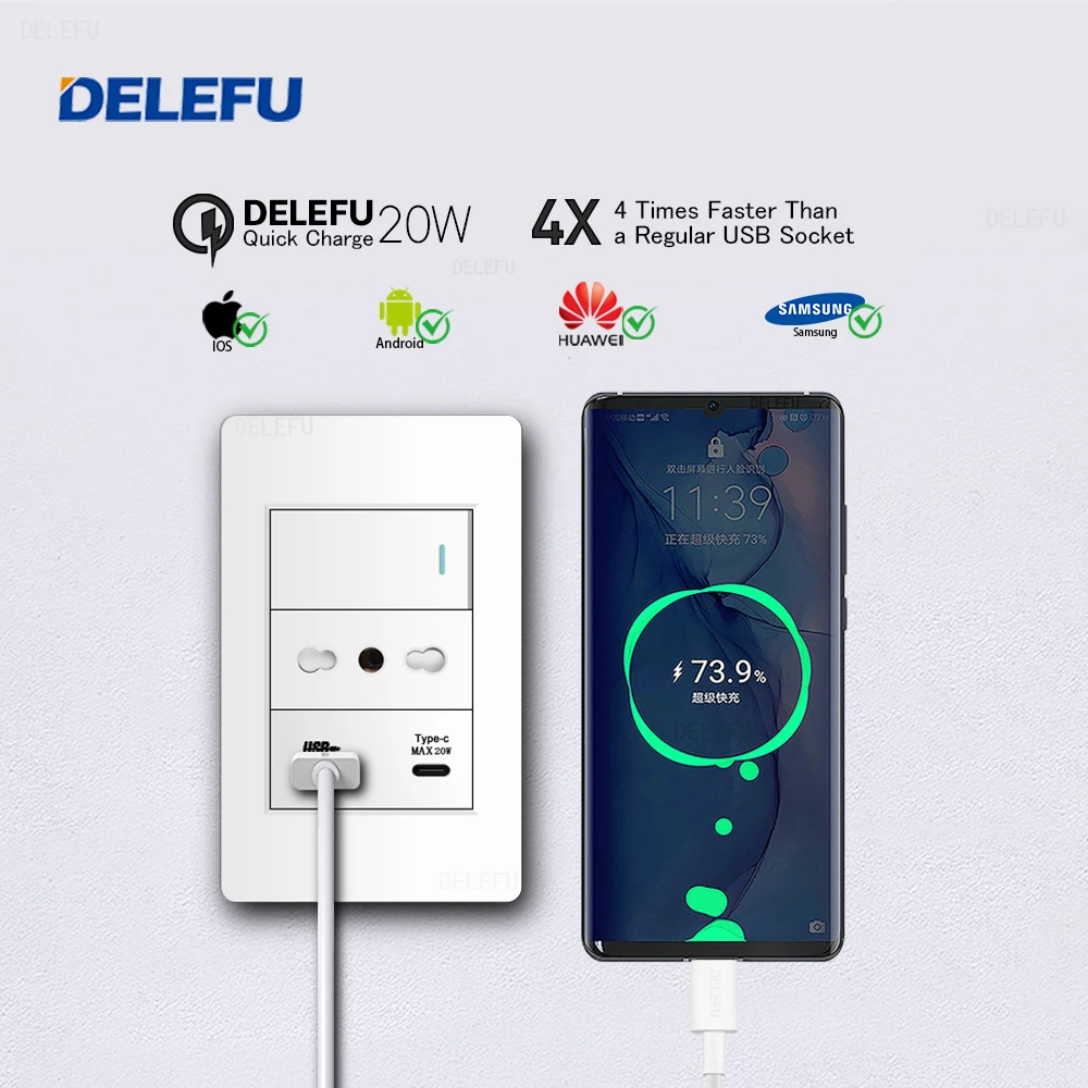 DELEFU White Retardant PC Italy USB TypeC Fast Charging Wall Socket Schuko Tuya Wifi Smart Switch Sat TV Tel Doorbell Chile — zdjęcie 4