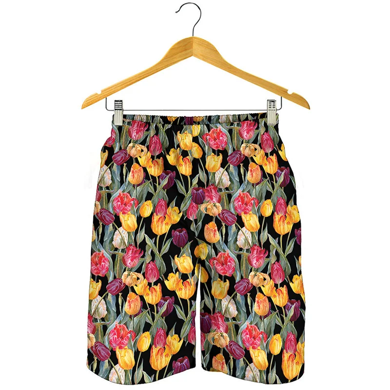 Fashion Tulip Floral Beach Shorts For Men 3D Printed Plants Flower Short Pants Surf Board Shorts Summer Loose Kids Swim Trunks