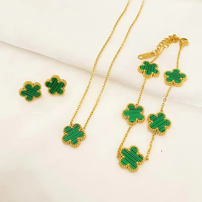 

2024 Hot Stainless Steel Five Clover Flower Jewelry Set Fashion Four Leaf Red Green White Black Stud Earring Bracelets Necklaces