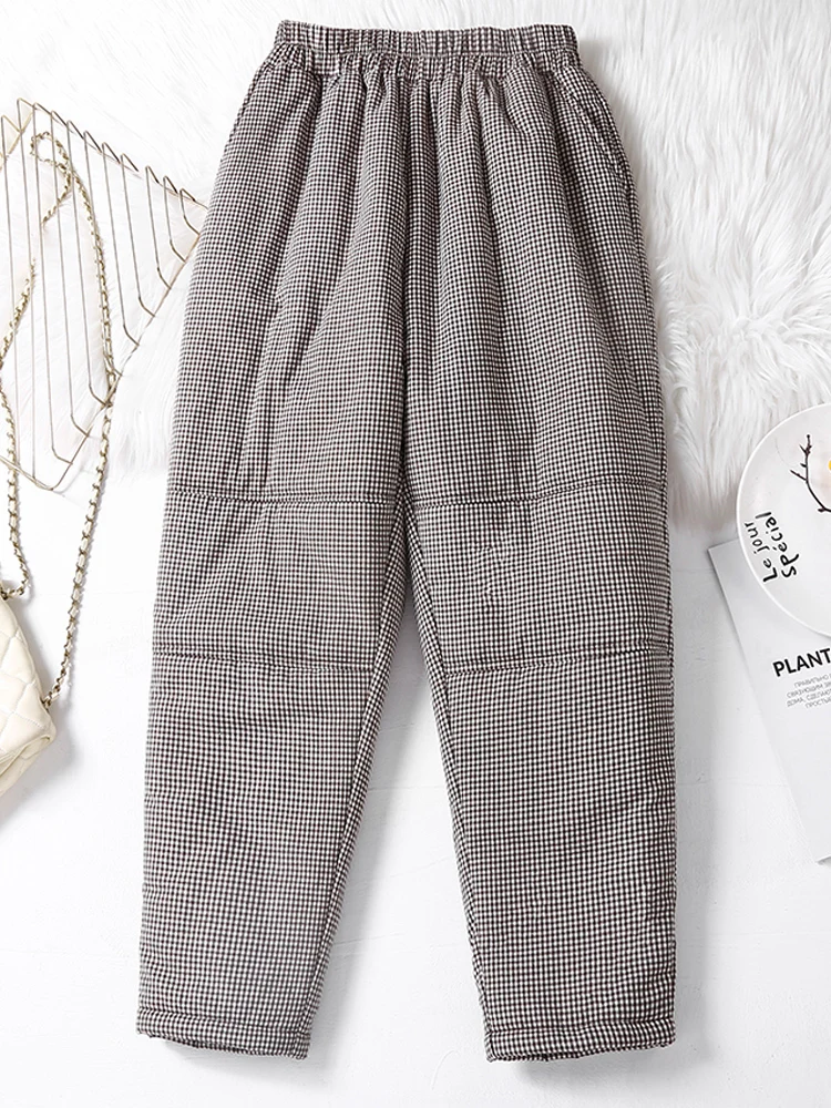 Literary Vintage Plaid Cotton-Padded Women Harem Pants 2024 New Winter Casual Loose Long Trousers Outerwear Wide Leg Pants