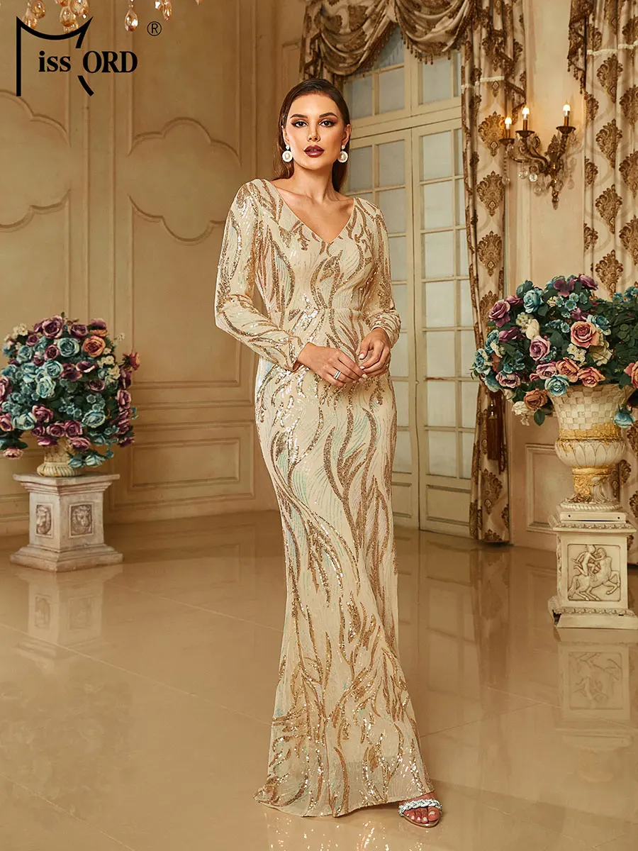 Missord Elegant Apricot Sequin Party Dresses Women Long Sleeve V Neck Bodycon Mermaid Prom Evening Dress Female Formal Gown