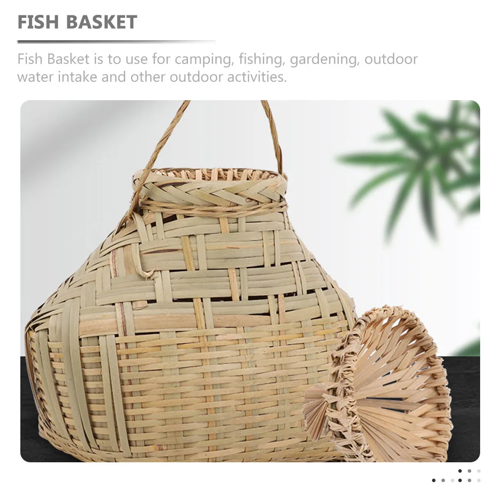 

1pc Sturdy Bamboo Fish Basket Multi-Function Reusable Container For Fishing Outdoor Large Capacity Hand Woven Lid Comfort Handle