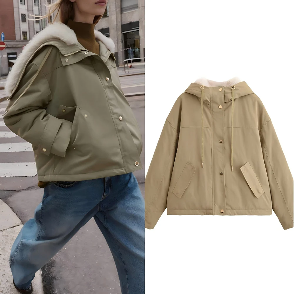 

Women's winter fashion faux fur collar design loose warm Parker cotton Coat retro long sleeved zipper women's Coat chic top