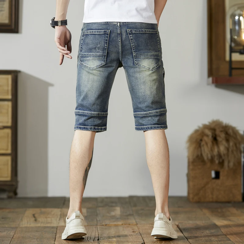 Retro Denim Shorts Men's Ripped Stitching Fashion Motorcycle Personality Retro Korean Type Slim Stretch Cropped Pants