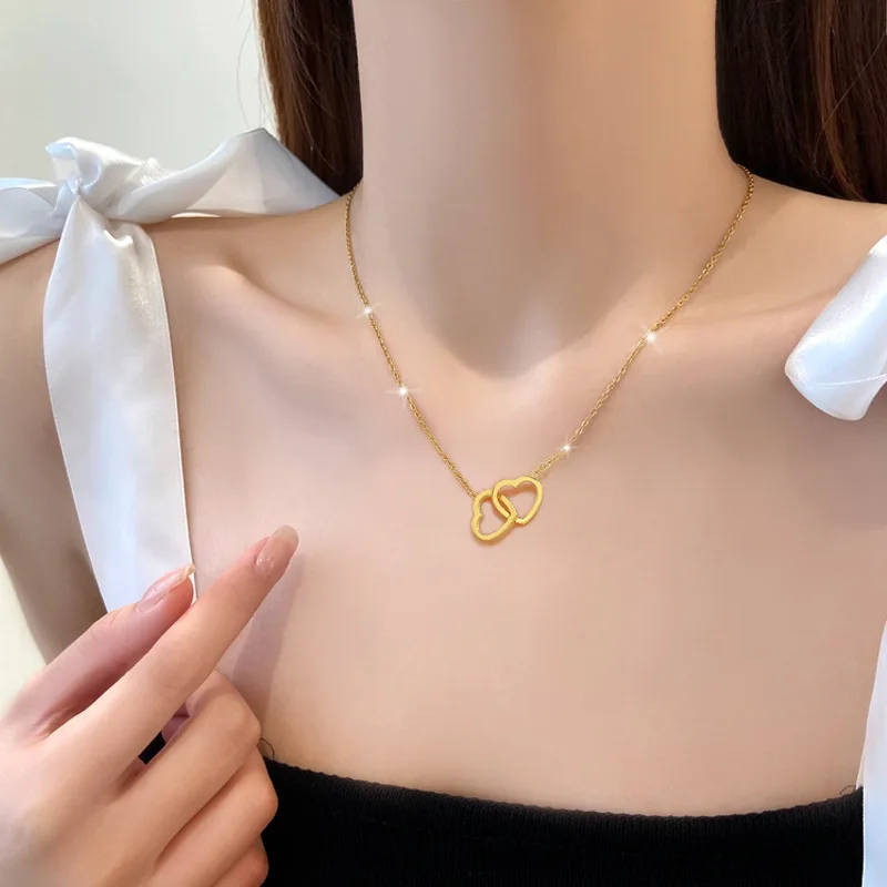 Interlocked Heart Necklaces for Women, Gold Color Stanless Steel Girls Neck Collar, Elegant Slim Jewelry