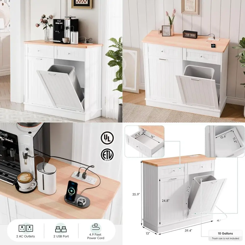

Double Bin Trash Cabinet with Power Outlet, 10 Gallon Storage Cabinet, Pet-Proof Trash Can with AC & USB Ports, White Double-Doo