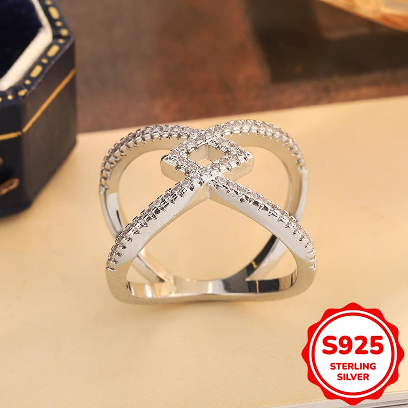 

Exquisite genuine S925 sterling silver hollow oval cross geometric couple ring women's engagement gift jewelry