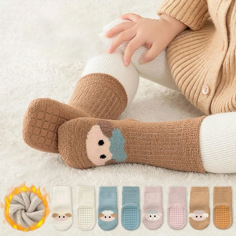 5 Pairs Baby Socks Autumn Winter Thick Anti Slip Floor Socks Plush Cartoon Middle Tube Boys Girls Newborn Socks