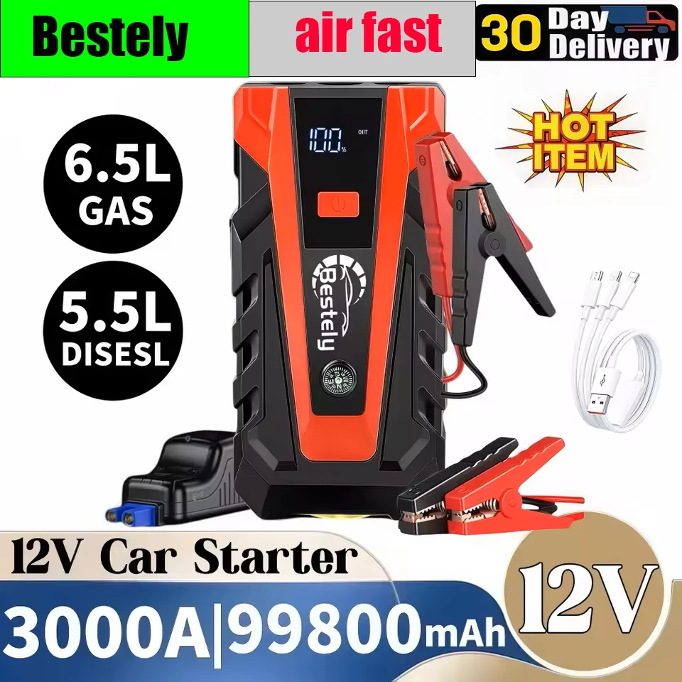 

Bestely/12V-99800mAh-3000A Car Jump Starter Car Battery Starters Portable Power Bank 12V Starting Device Petrol Diesel Car