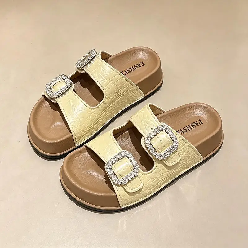 Rutschfeste, dicke Strandpantoffeln für Damen, Sommer 2026, Rhinestore-Schnallen-Plateau-Mules, glänzende Kristallsandalen für Damen – Detail 13
