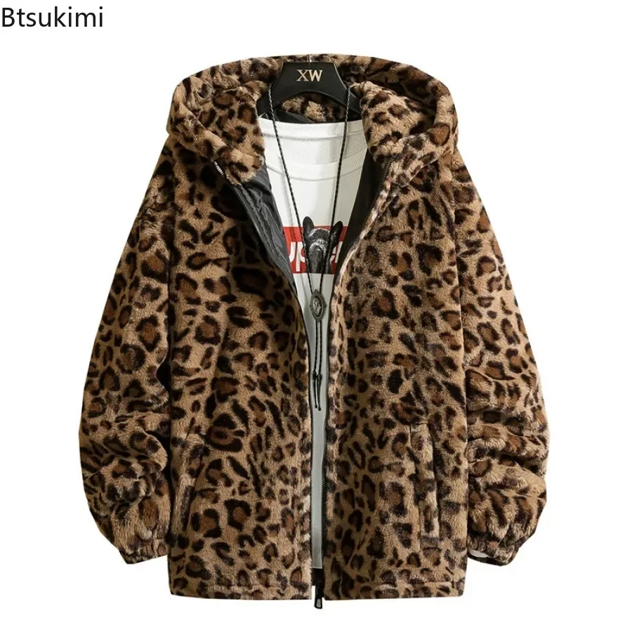 Men\'s Autumn Winter Hooded Jacket Fashion Couple Leopard Two-side Plush Zipper Coats Causal Loose Windbreaker Outerwear for Men