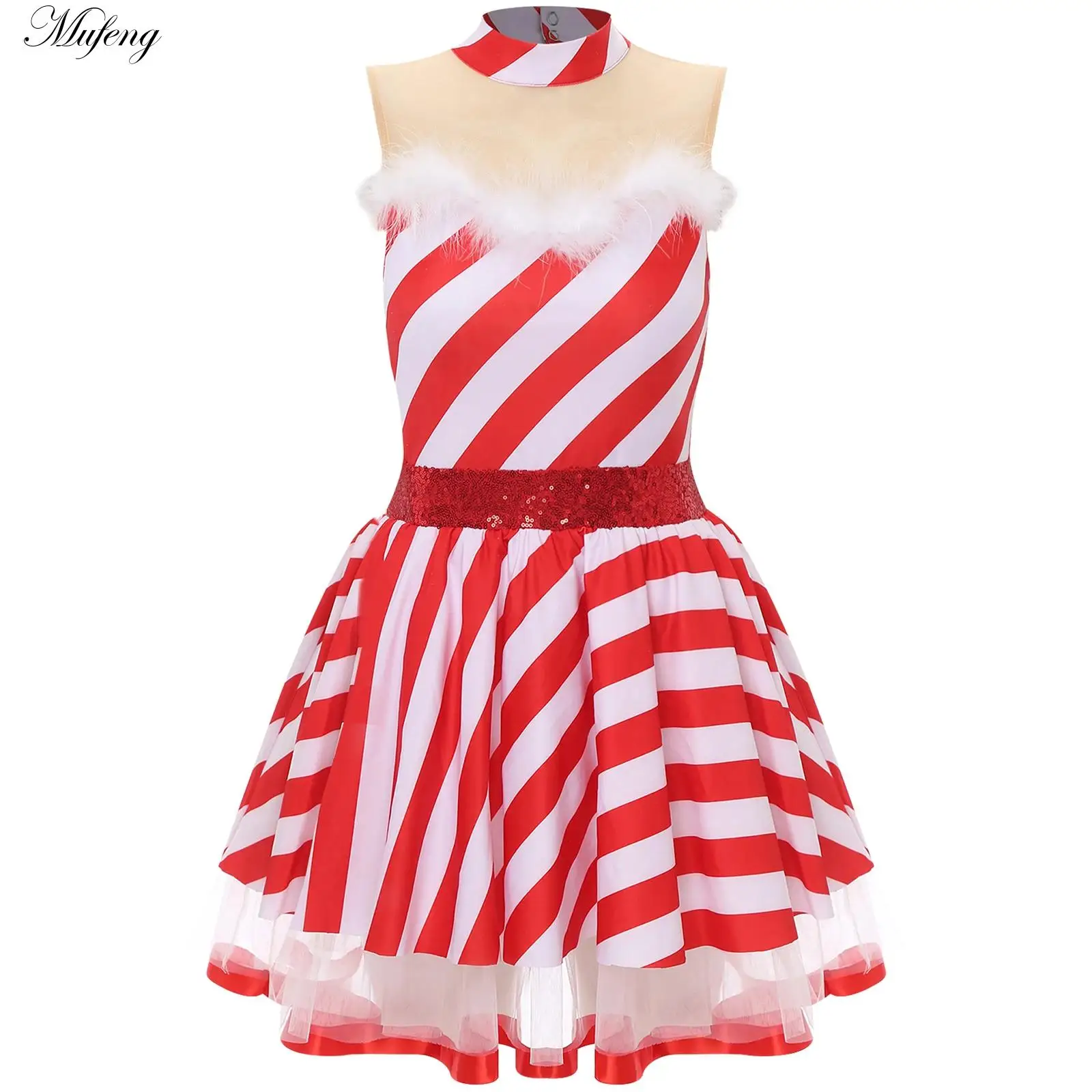 

Women Christmas Candy Cane Costume Sleeveless Sequins Striped Tutu Dress Leotard Dancewear Carnival Performance Dancing Dresses