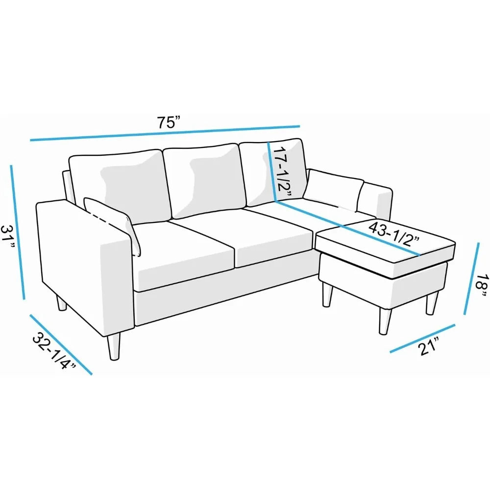 3 Seater Sofa with Ottoman Footstool Sofa Set, L Shape Corner Convertible Chaise Sofa,195 cm Couch Furniture for Living Room