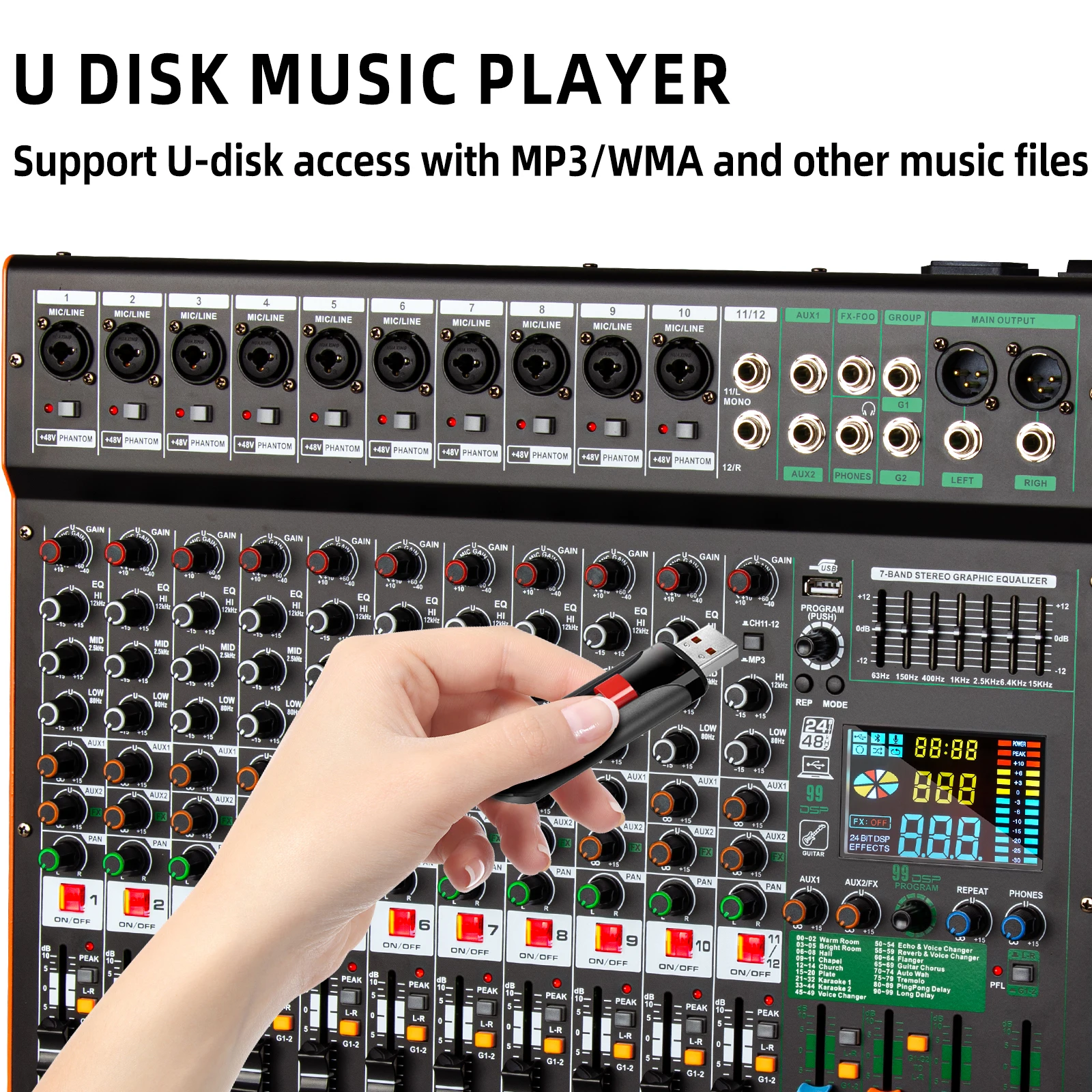 Depusheng TC12 جهاز مزج الصوت الاحترافي 99DSP 12 قناة المزدوج مجموعة DJ وحدة التحكم خلط 48 فولت الطاقة الوهمية USB لتسجيل شريط المرحلة