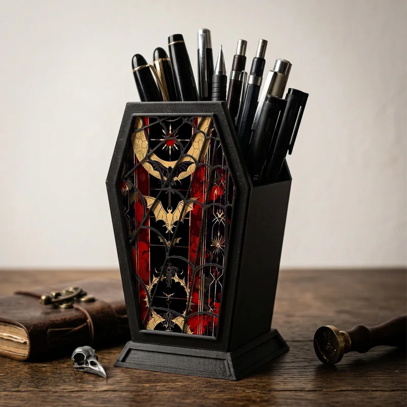 suporte-para-canetas-gotico-em-formato-de-caixao-com-estampa-de-morcego-e-lua-em-vermelho-e-dourado-e-teia-de-aranha-organizador-de-mesa-assustador-para-halloween-e-dark-academia