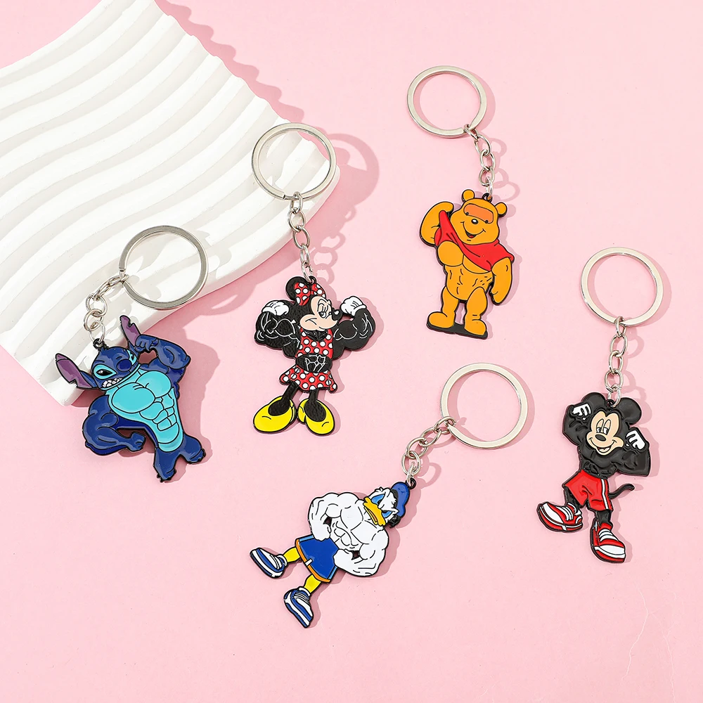 Disney Muscle Stitch Keychain Cartoon Figure Muscle Mickey Minnie Donald Duck Metal Badge Pendant Keychain Jewelry Accessories