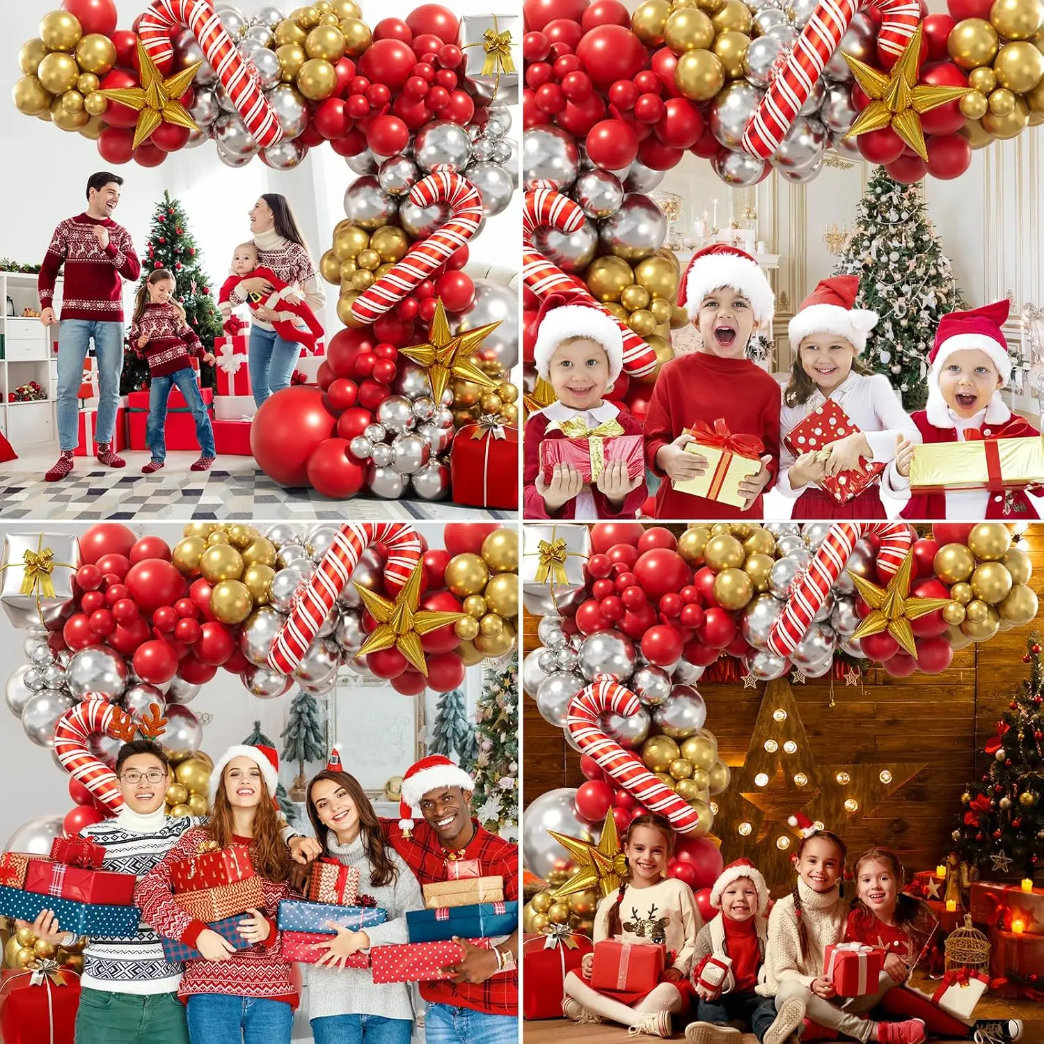 Christmas Balloon Garland Arch Kit - Xmas Red Gold Silver Candy Cane Balloons Gift Box Starburst Balloons for New Year Winter Christmas Party Decorations