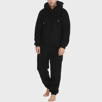 Winter Men Artificial Wool Jumpsuit Pajamas Solid Color Zipper Loose Hooded Onesie Fleece Warm Men Drawstring Bodysuit Sleepwear