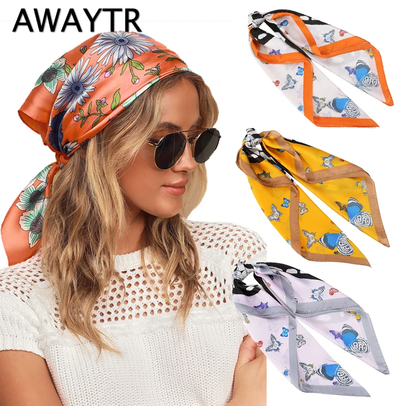 AWAYTR Head Scarf Blcak Square 70*70 Silk Foulard Satin Bandana Cheveux Neckerchief Hijab Accessoires For Woman Hair Scarf