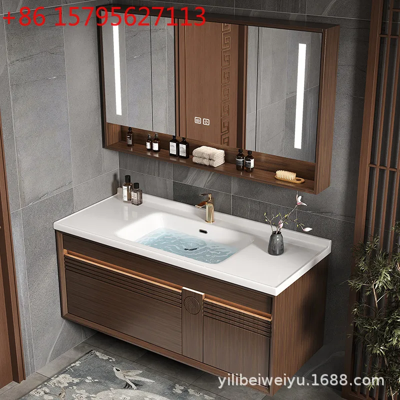 

New Chinese oak bathroom cabinet ceramic integrated basin toilet washbasin cabinet combination smart mirror cabinet