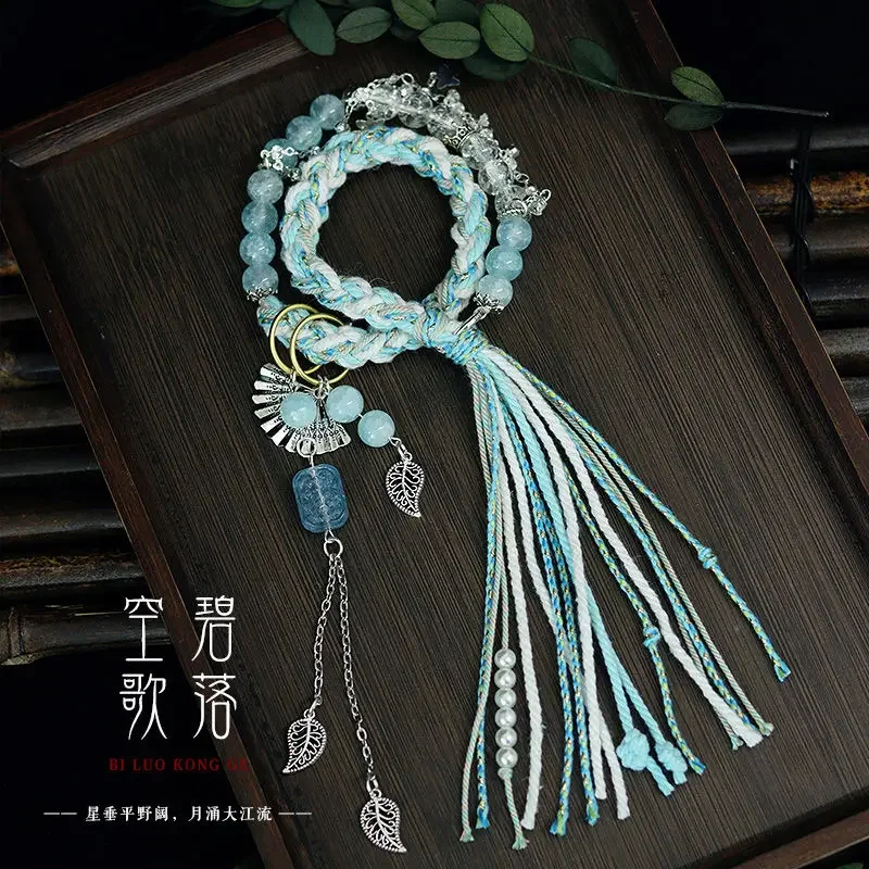 New Chinese Hand Rope Tibetan Style Bracelet with Silver Jewelry Tassel Double-loop Woven Hand-woven Finished Hanfu Accessories