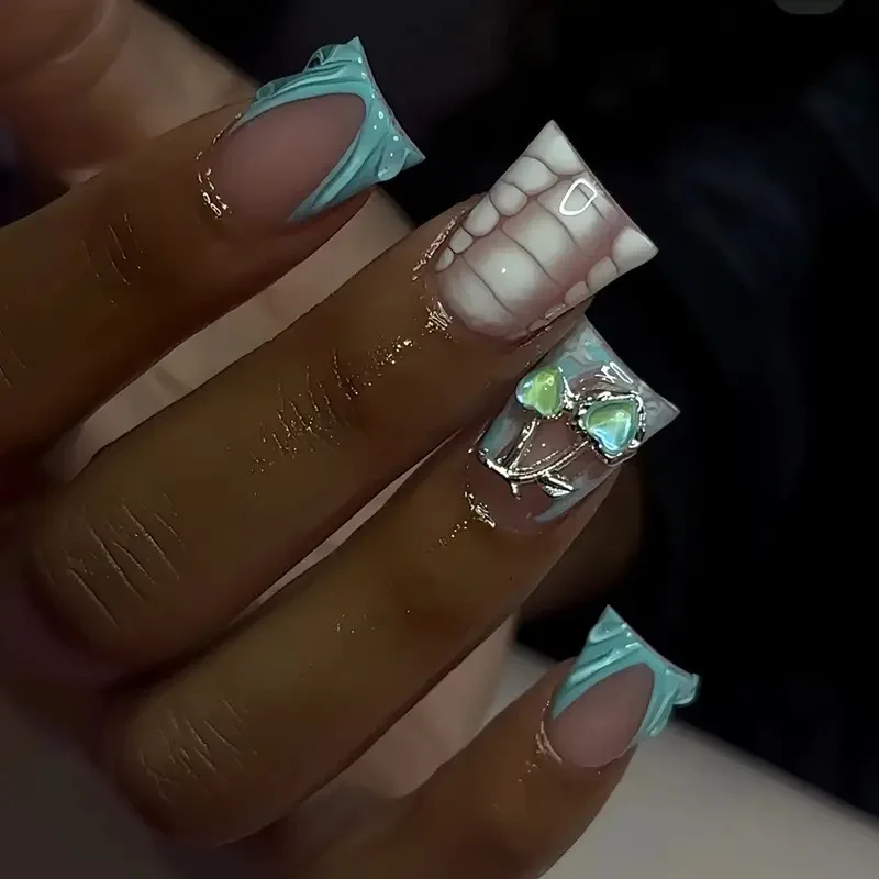 24Pcs Mid-length Duck Shaped False Nails Pink Shiny Powder French Press on Fake Nails 3D Flower Rhinestone Full Cover Nails Tips