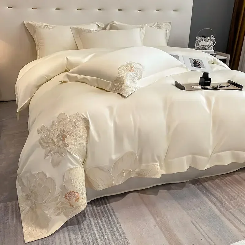 Modern Art Bedding Set Luxury Egyptian Cotton Floral Embroidered Solid Color Duvet Cover Flat/Fitted Bed Sheet Pillowcases