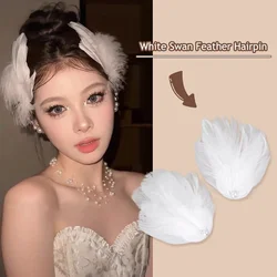 White Swan Feather Hairpin Headwear Ballet Style Stage Performance Side Clip Girl Party Faux Pearl Accessories Hair Clips Gifts