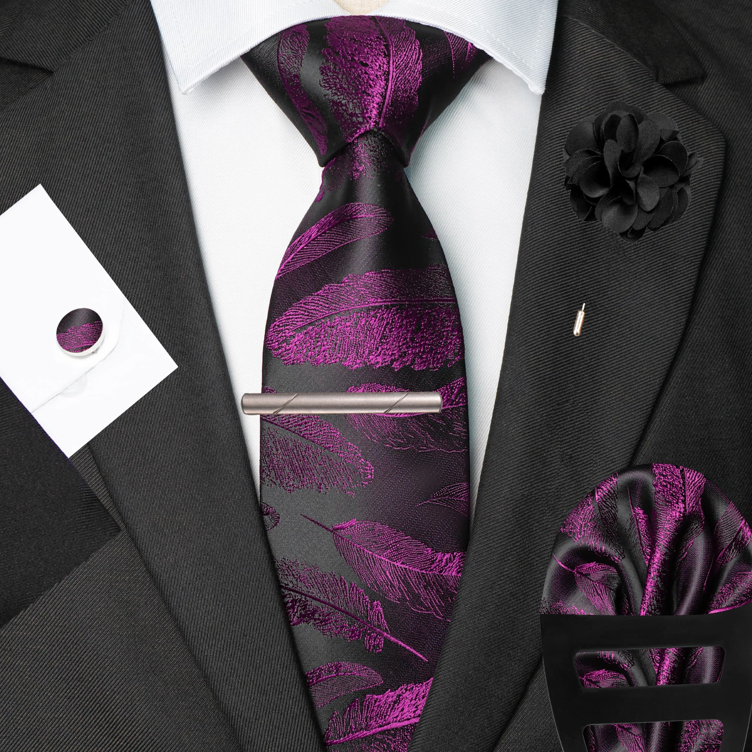 Exclusively Designed Latest Feather-Patterned High-End Men's Business Tie Set: Pocket Square, Tie Clip, Cufflinks, Brooch, Scarf Holder, Suitable for Weddings, Parties, Business Casual, Versatile