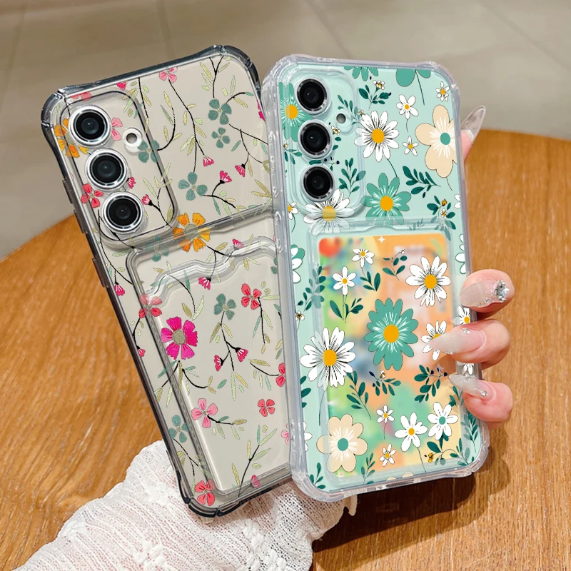 Cartoon Daisies Flowers Card Slot Case For Samsung A57 A37 A17 A56 A36 A16 A55 A35 A54 5G S21 FE S22 S23 S24 S25 Plus S26 Ultra