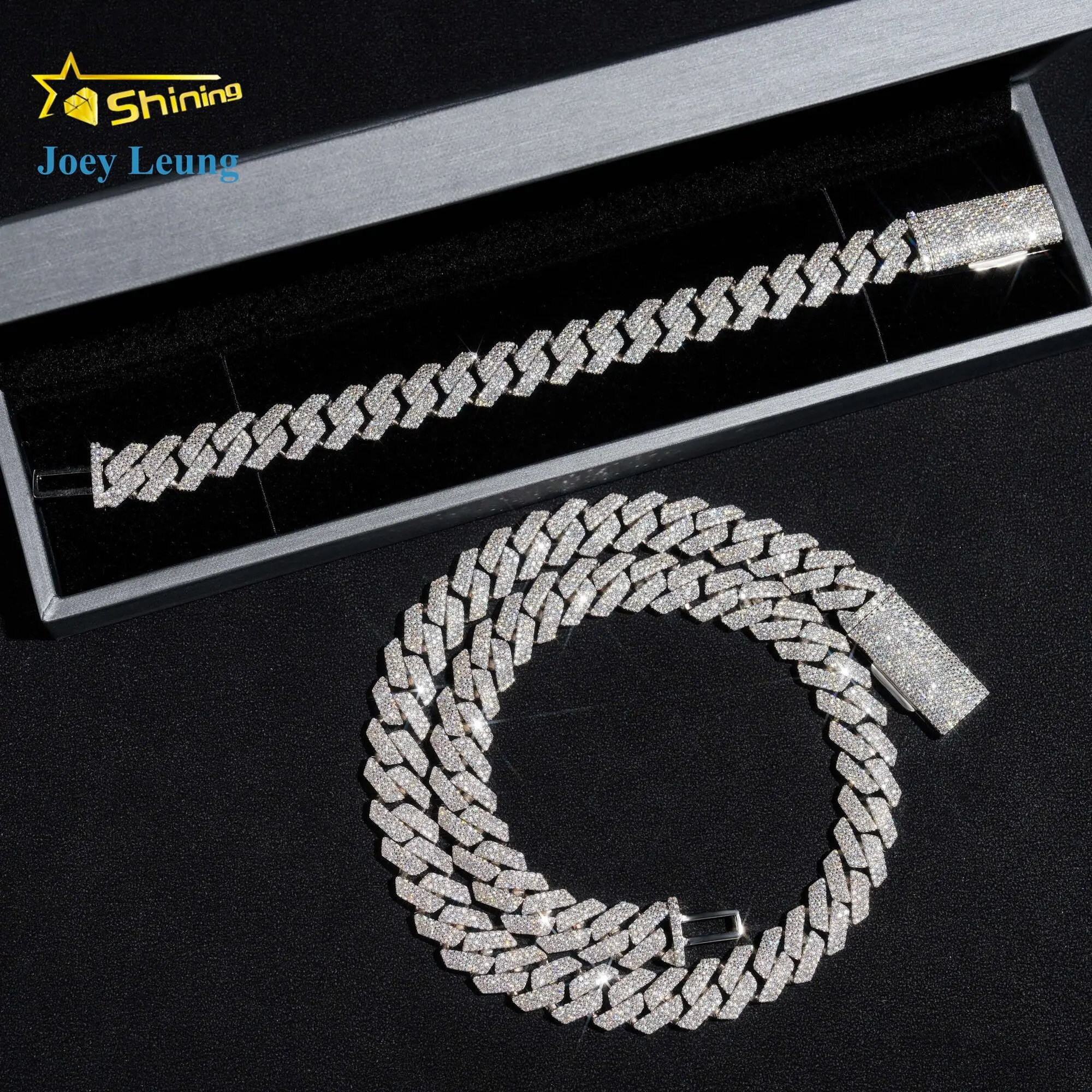 Hip hop style 13mm width 3 rows cuban necklace 925 silver iced out diamond bracelet vvs moissanite cuban link chain