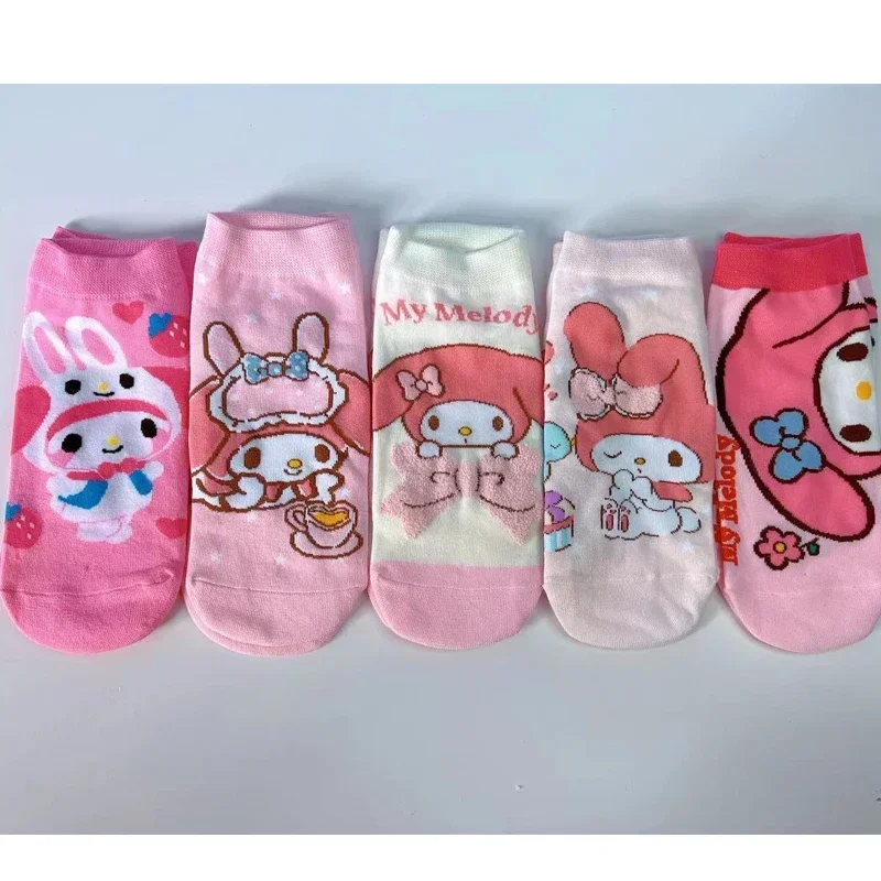 5 pares de calcetines cálidos transpirables de algodón con dibujos animados de Sanrio My Melody, calcetines invisibles de Navidad para mujeres y niñas, regalos para niños