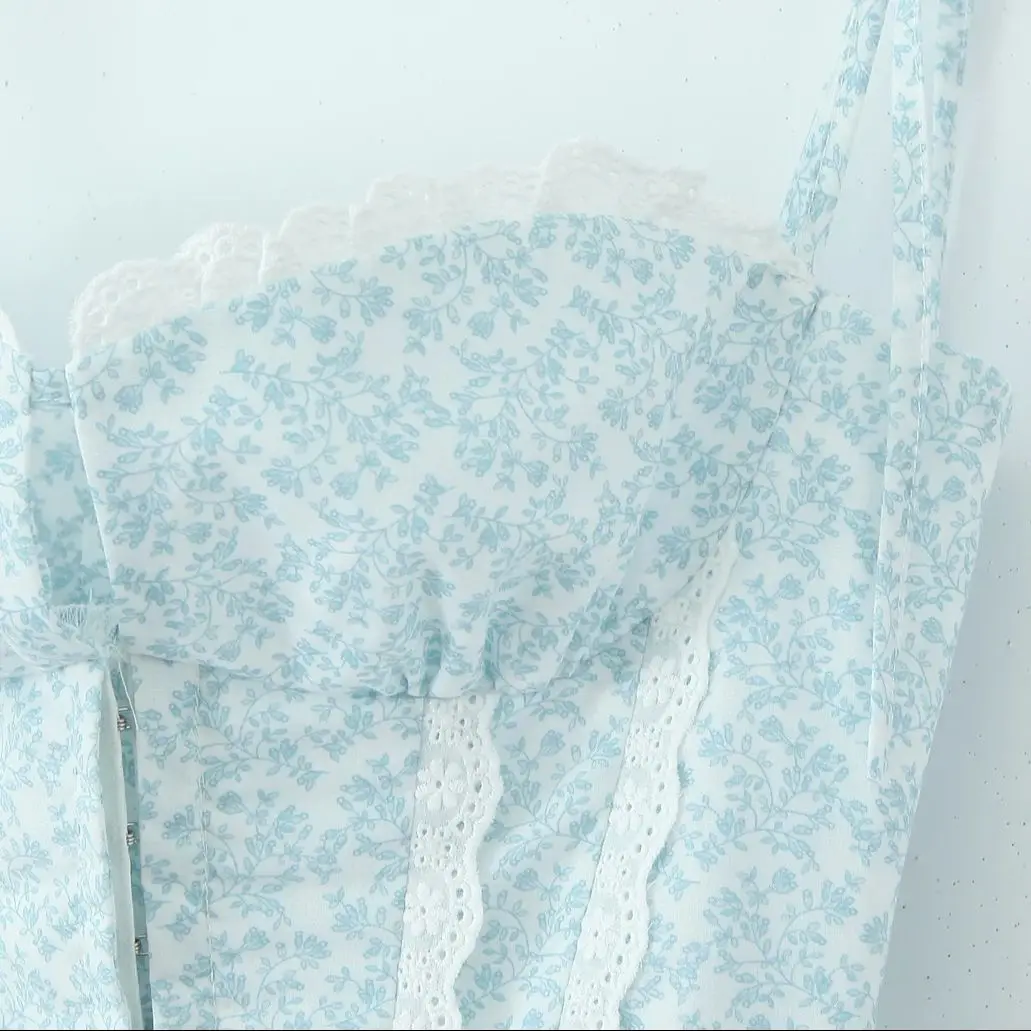 2025 Sexy Blue Floral Covered Hook Button Corset style Midi Long Sling Dress Women Spliced Lace Low Waist Party A-line Dresses