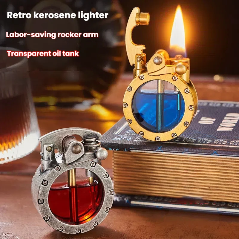 

Винтажная зажигалка в стиле ретро, прозрачная ветрозащитная многоразовая зажигалка в стиле стимпанк, бензобак, крутая креативная металлическая зажигалка для мужчин, папа, мужа