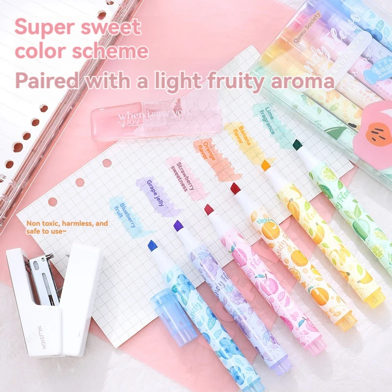 6Colors Fun Stamp Seal Highlighter Set Fragrance Chisel Tip Marker Pen Macaron Pastel Assorted Colors for Cute Kawaii Stationery
