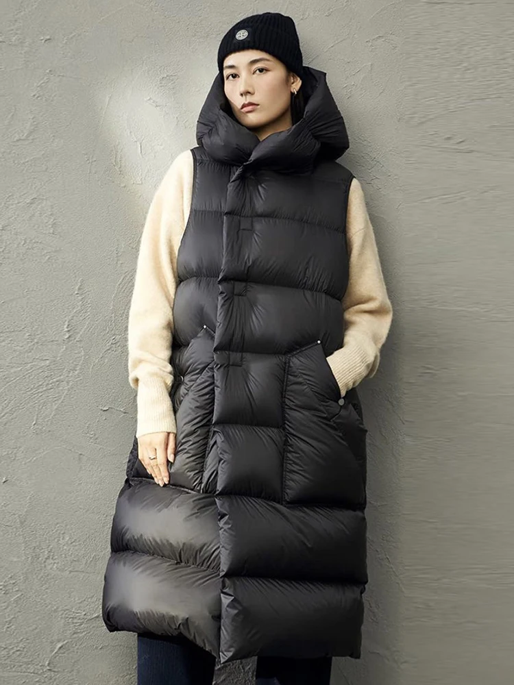 

Autumn Winter Hooded Knee Length Down Vest Female Warm Thick Waistcoat Women White Duck Down Big Pocket Sleeveless Long Vest Top