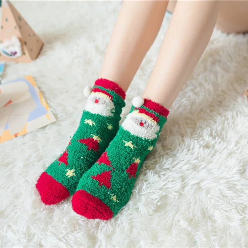 

6 Pairs Winter Cartoon Coral Velvet Socks Elderly Christmas Elk Mid Tube Floor Socks Thickened Warm and Comfortable Women Socks