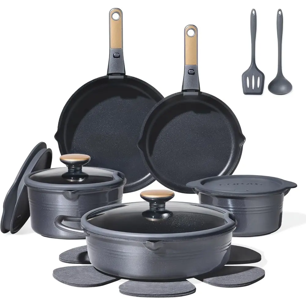 

Серый 17-предметный набор титановой посуды с антипригарным покрытием и съемной ручкой, подходит для автодомов, можно мыть в посудомоечной машине и использовать в духовке.