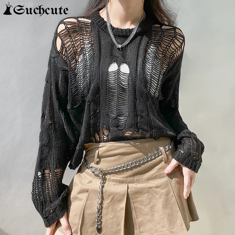 

SUCHCUTE Gothic Hollow Out Sweater Women Grunge Y2K Basic Kintted Crop Tops Dark Academic Oversize Long Sleeve Solid Streetwear